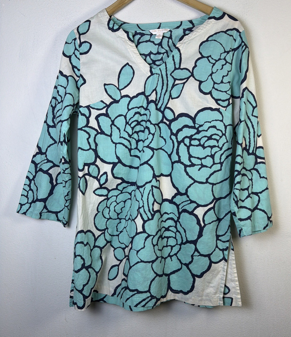 Tori Richard Womens blue Floral Tropical Tunic Shirt hawaiian vacation resort 14